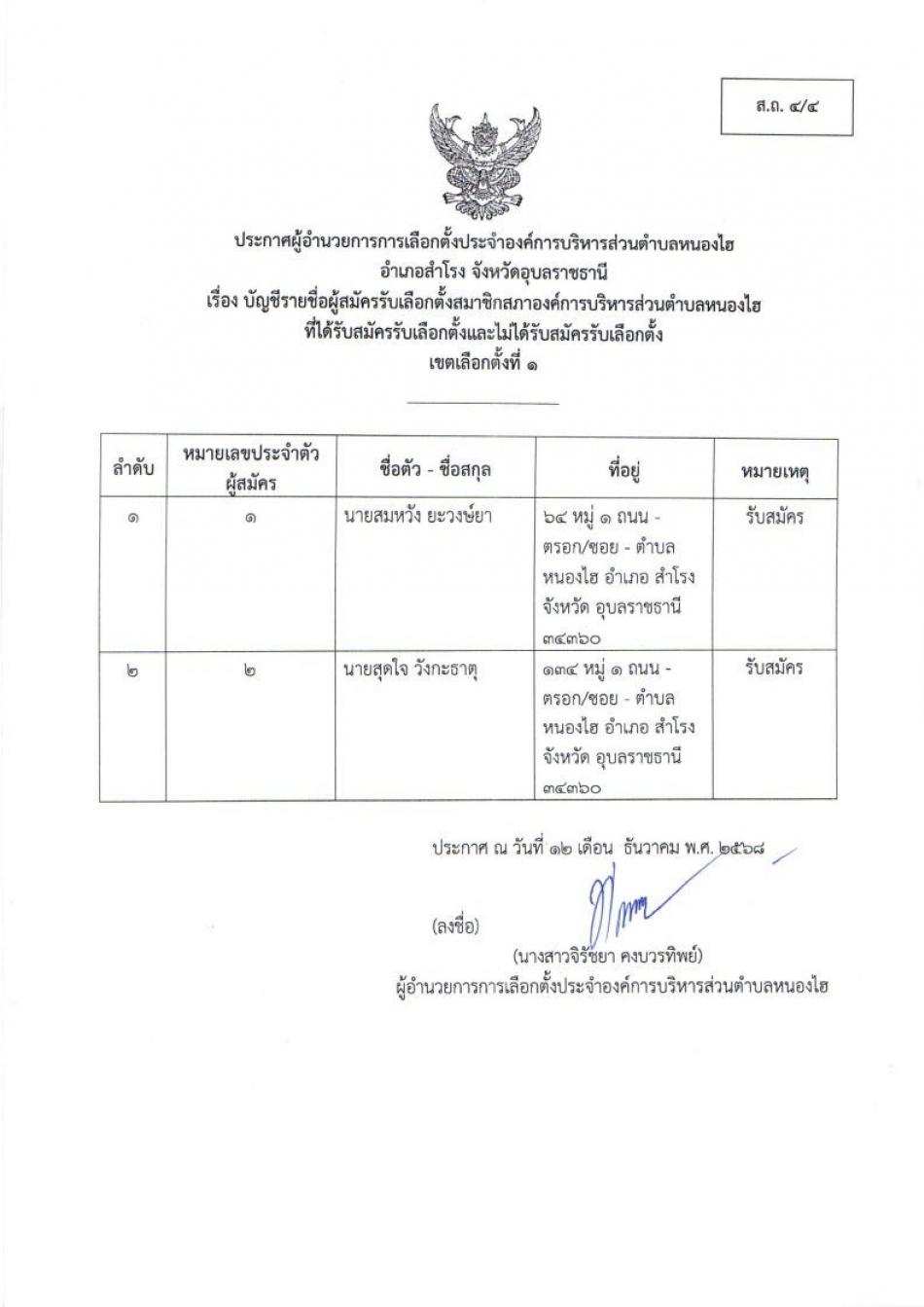 ประกาศจากผู้อำนวยการการเลือกตั้งประจำองค์การบริหารส่วนตำบลหนองไฮ